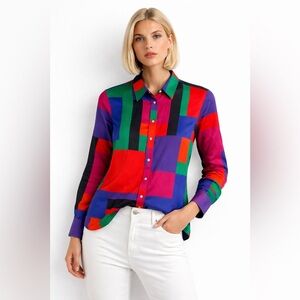 Lauren Ralph Lauren Colorblock Button Down Shirt Top Small Coastal Resort Chic